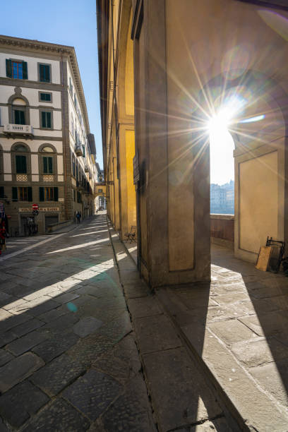 Florence, Italy. January 2022.  fisheye view of the arcades on the Lungarno riverside in the historic center of the city