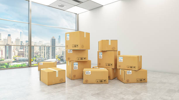 골판지 상자로 새로운 사무실 개념으로 이동 - packaging freight transportation box moving office 뉴스 사진 이미지