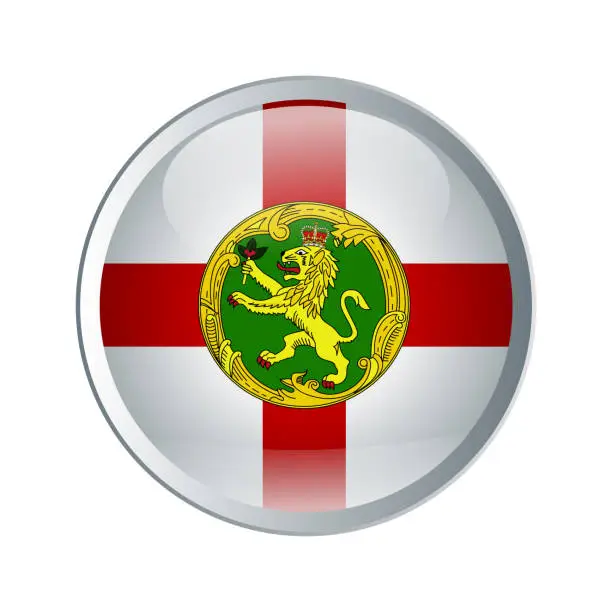 Vector illustration of Shiny and glossy button with High detailed flag of Alderney. Round or circle button. Flat and solid color vector illustration.