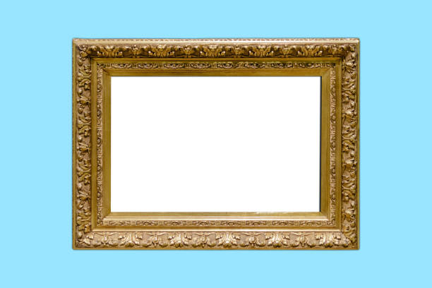 istock Big golden and old luxury antique frame on wall blue background 1368046922