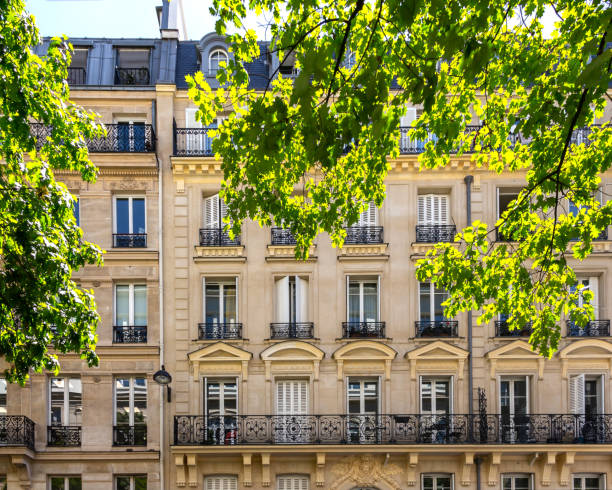 istock Traditional bulding with typical windows and balconies in bright summer day as seen through tree leaves. Paris, France 1368047049
