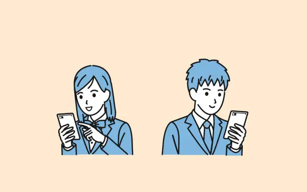 Vector illustration of Clip art of students using smart phones