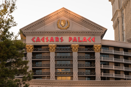 Las Vegas, USA - Sep 24, 2019: Caesars Palace architecture late in the day during a rain storm.