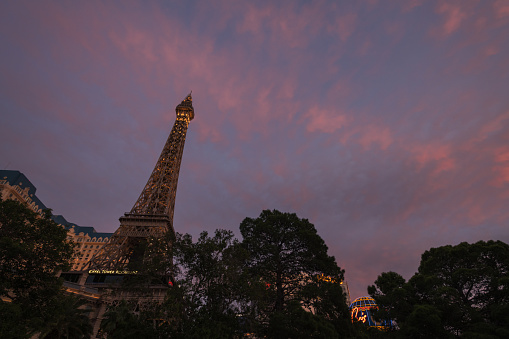 Las Vegas, USA - Sep 22, 2019: Las Vegas Paris hotel architecture late in the day at sunset.