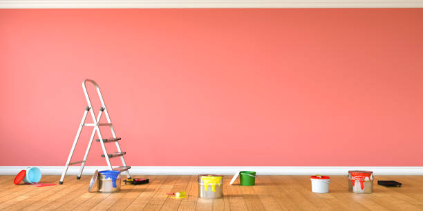 istock Interior Remodeling and Painting. Drawing tools and paints in empty room, 3d rendering 1368051299