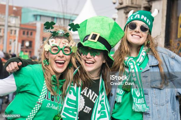St Patricks Day Group Of Friends With Green Hats Smiling Stock Photo - Download Image Now