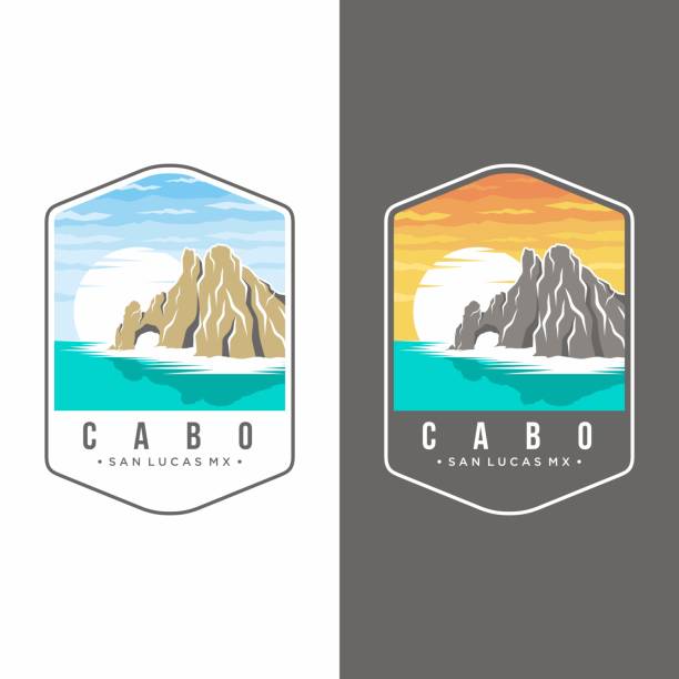 ilustraciones, imágenes clip art, dibujos animados e iconos de stock de ilustración del icono del parche del emblema de cabo san lucas sobre un fondo oscuro - bay