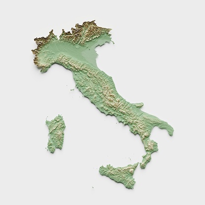 3D render of a topographic map of Italy. All source data is in the public domain. SRTM data courtesy of the U.S. Geological Survey (https://search.earthdata.nasa.gov/search/granules?p=C1000000240-LPDAAC_ECS&pg[0][v]=f&pg[0][gsk]=-start_date&q=srtm%201%20arc&tl=1640787673!3!!&m=11.7421875!-80.859375!2!1!0!0%2C2). Map rendered using QGIS and Blender software.
