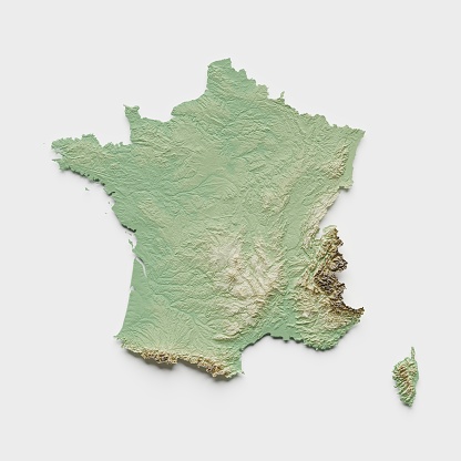 3D render of a topographic map of France. All source data is in the public domain. SRTM data courtesy of the U.S. Geological Survey (https://search.earthdata.nasa.gov/search/granules?p=C1000000240-LPDAAC_ECS&pg[0][v]=f&pg[0][gsk]=-start_date&q=srtm%201%20arc&tl=1640787673!3!!&m=11.7421875!-80.859375!2!1!0!0%2C2). Map rendered using QGIS and Blender software.