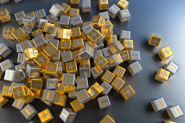 istock Backdrop of metal cubes with plus and minus symbols. 3d Rendering 1368052971