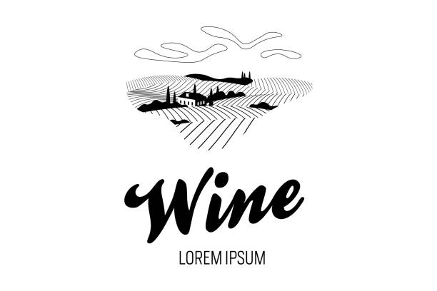 illustrations, cliparts, dessins animés et icônes de vignoble raisin colline logotype concept de ferme. label alcool paysage rural romantique dans la journée ensoleillée avec villa, champs de vignes, collines de plantation, fermes, prairies et arbres. logo monochrome vectoriel - silhouette wine retro revival wine bottle