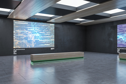 Concrete exhibition center with glowing polygonal NFT hologram. Technology, business and currency concept. 3D Rendering