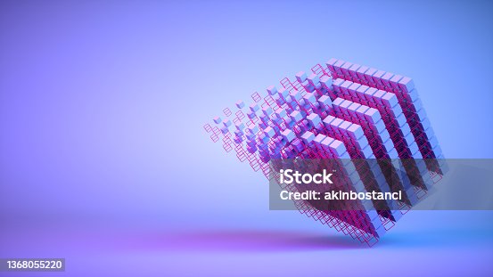 istock Abstract Flying Cubes, Geometric Shapes Background, Neon Lighting 1368055220