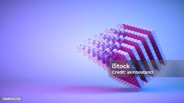 Abstract Flying Cubes Geometric Shapes Background Neon Lighting Stock Photo - Download Image Now