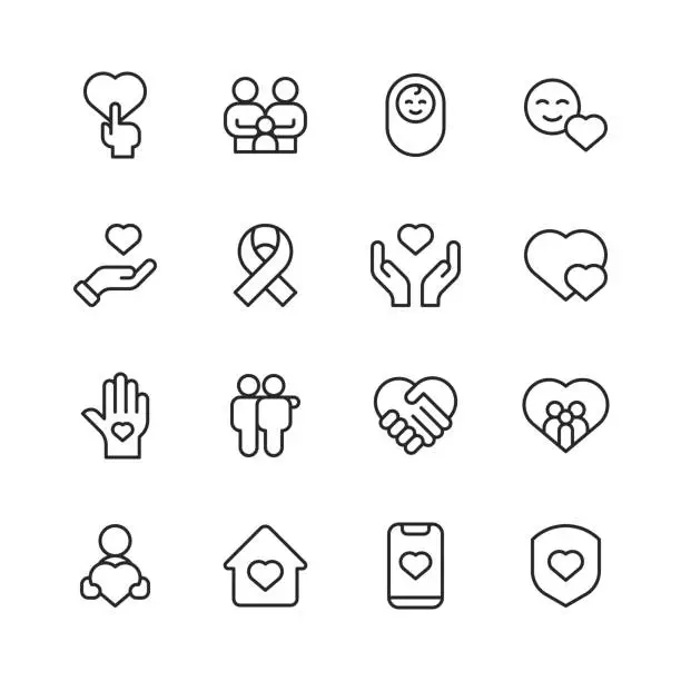 Vector illustration of Care Line Icons. Editable Stroke, Contains such icons as Caregiver, Charity, Community, Disease, Donation, Family, Giving, Healthcare, Heart, Help, Love, Medicine, Mental Health, Nurse, Nursing House, Palm of Hand, Patient, Retirement, Senior, Support.