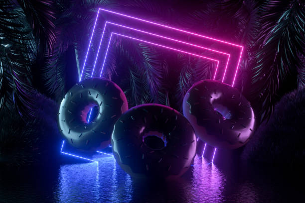istock Inflatable donuts neon lighting summer holiday travel background with palm trees 1368055878