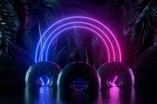 istock Inflatable donuts neon lighting summer holiday travel background with palm trees 1368056011