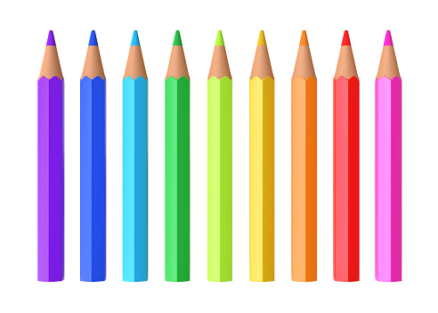 Set of realistic multicolor pencils or crayons isolated on white background. 3d render illustration