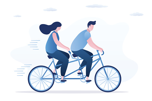 Dual drive classic transport for healthy lifestyle. Love couple drive tandem bike. Family ride steel double seater bike, design isolated on white background. Outdoor activity. Flat vector illustration