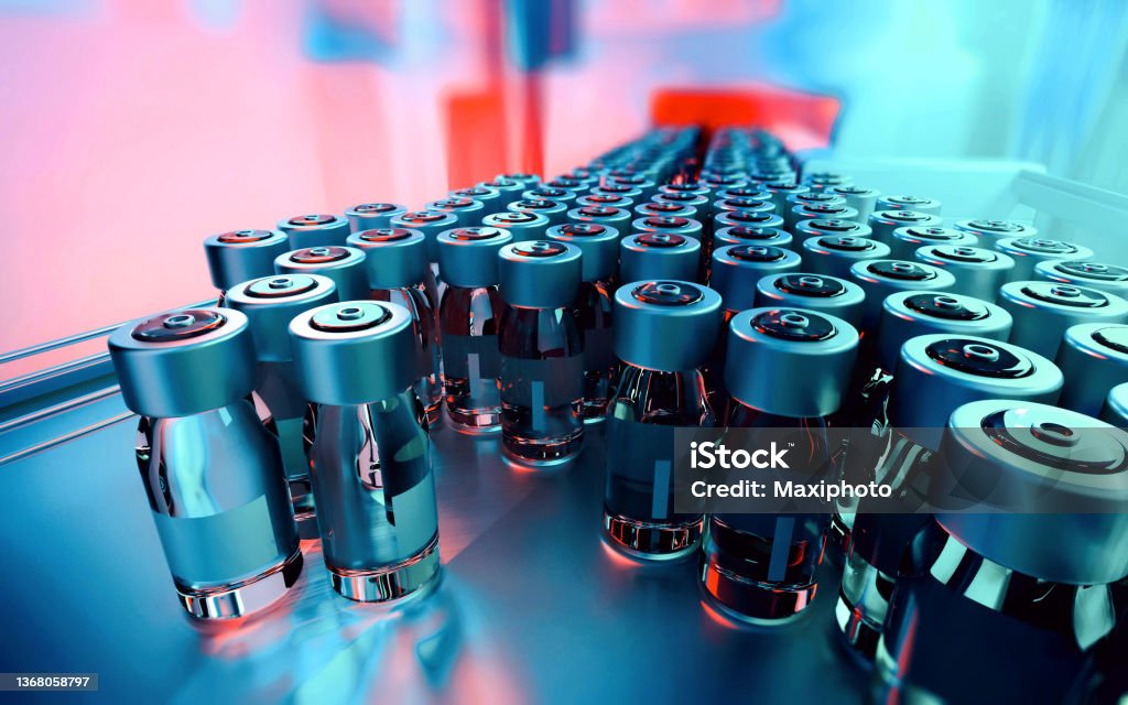 Close-up of medicine vials on a production line Close-up of medicine glass vials on a pharmaceutical production line, with metal caps and blank labels, moving forward. Industrial background, manufacturing equipment. Teal and orange hues. Digitally generated image. Selective focus. Medicine Stock Photo