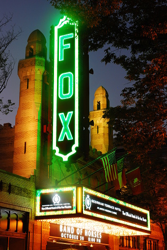 Atlanta GA, USA September 22 The marquee of the legendary Fox Theater is illuminated in Atlanta.  The theater hosts entertainment and cultural performances