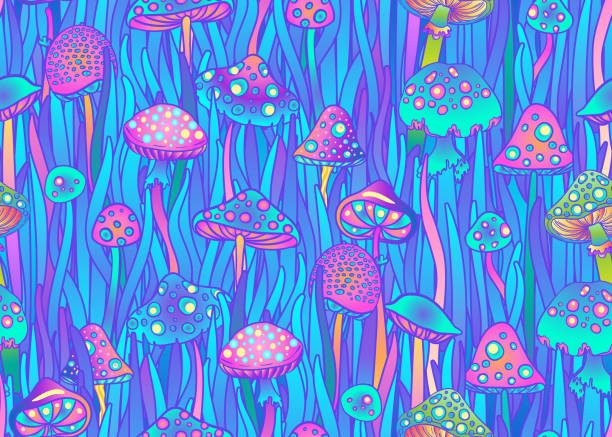 magic mushrooms nahtloses muster.  psychedelische halluzination. vintage psychedelisches textil, stoff, verpackung, tapete. vektor-wiederholungsillustration. - magic mushroom psychedelic mushroom fungus stock-grafiken, -clipart, -cartoons und -symbole