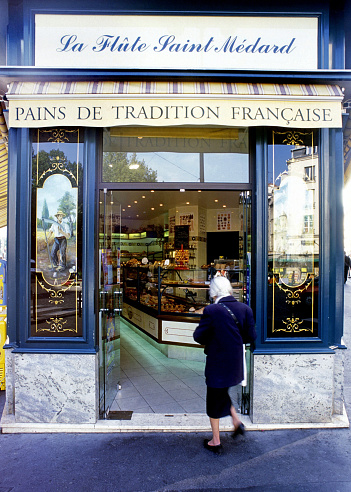 La Flute bakery, St Medard, Latin Quarter, Paris, France. This stylish bakery with highly decorated facade sits on a corner of Rue Daubenton in the Latin Quarter. As capital city of France, Paris offers architecture,design, art and culture that spans many cultures and eras, often defined by the landmarks that remain today to mark the milestones of French life and history.
