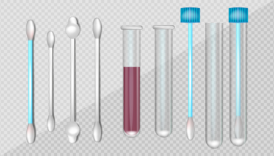 Realistic illustration of the Test tube, medical sample in closed glass container and swabs bud on plastic stick or cotton swabs buds