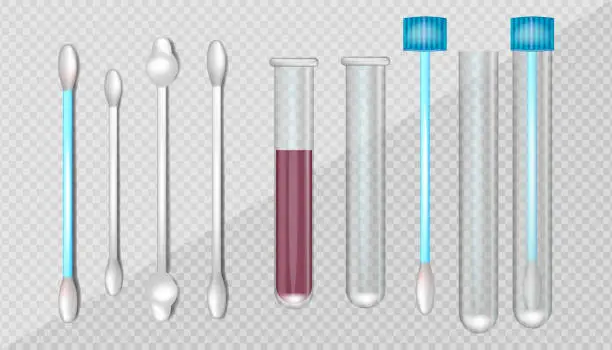 Vector illustration of Realistic illustration of the Test tube, medical sample in closed glass container and swabs bud on plastic stick or cotton swabs buds