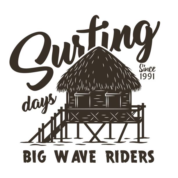 Silhouette of a bungalow sufring summer print Colored surfing print of standing bungalow on wave. Vector illustration hawaii summer t-shirt design straw roof stock illustrations