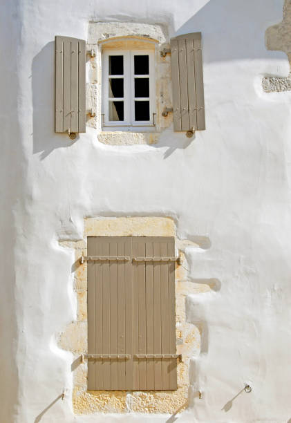 windows with wavy wrought iron work and blue shutters with awnings on top