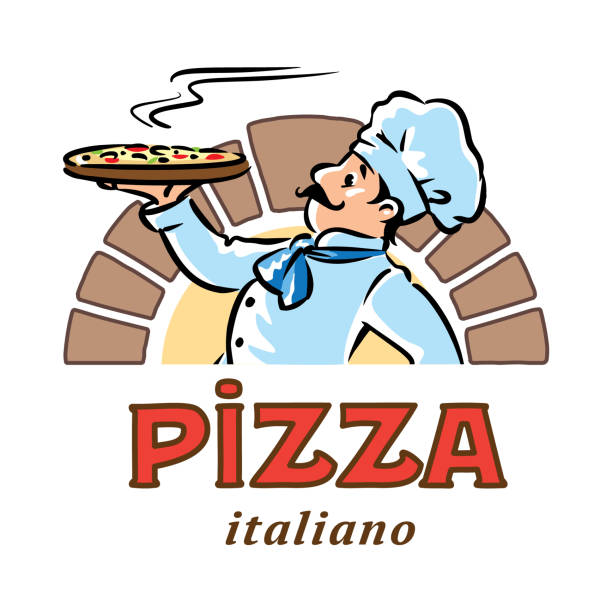 ilustrações de stock, clip art, desenhos animados e ícones de funny chef with pizza. emblem or logo design - characters cooking chef bakery