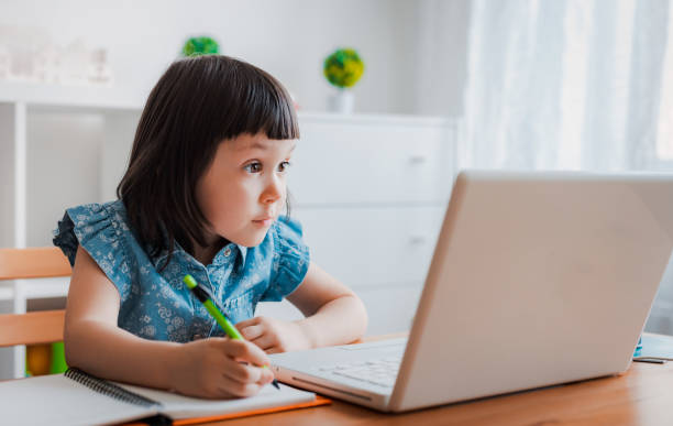 istock Distance learning online education. A schoolboy boy studies at home and does school homework. A home distance learning 1368064174