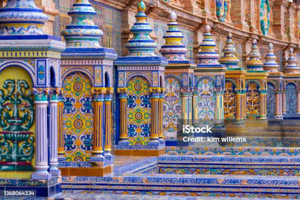 The Typical Ceramic And Colourful Benches Of The Famous Spanish Square Plaza De Espana In Seville Stock Photo - Download Image Now