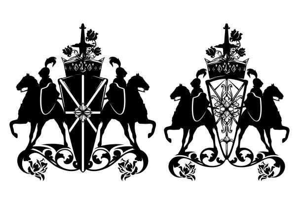 черно-белая векторная королевская геральдика с цветами розы, щитом, мечом, короной и рыцарем-наездниками - horizontal black and white toned image two people stock illustrations