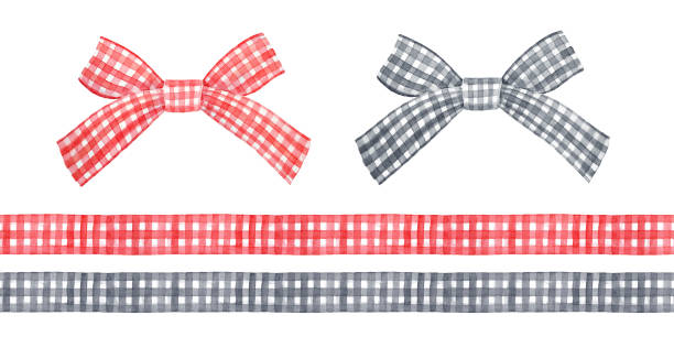 illustrations, cliparts, dessins animés et icônes de collection d’illustrations à l’aquarelle de rubans de gingham reproductibles sans couture et d’arcs cadeaux aux couleurs rouge et noire. - isolated on white bow gift homemade