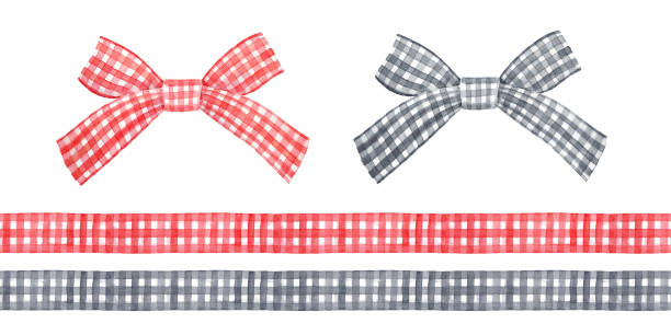 Watercolour illustration collection of seamless repeatable gingham ribbons and gift bows in red and black colors. Hand painted graphic drawing, isolated objects for print, card, banner, invitation. homemade gift boxes stock illustrations