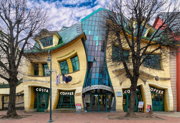 Crooked house, street in Sopot stock photo