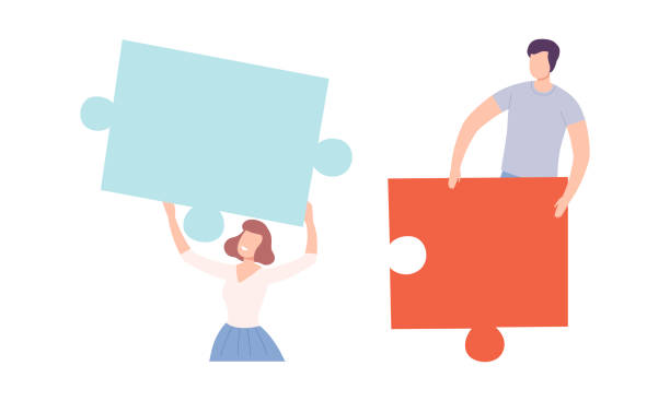 istock Young Man and Woman Holding Huge Jigsaw Puzzle Vector Set 1368067388