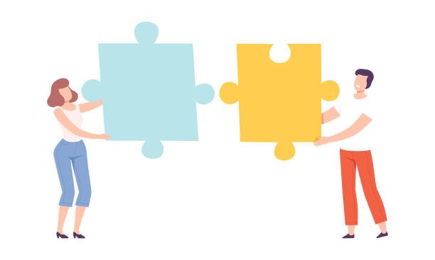 istock Young Man and Woman Holding Huge Jigsaw Puzzle Vector Set 1368067412