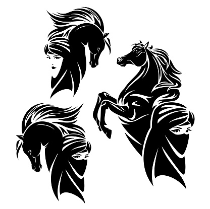 beautiful bedouin woman wearing traditional head covering and arabian stallion head - black and white vector portrait of girl and horse with flying mane