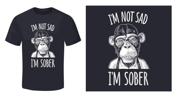Monkey dressed apron hold beer glass. Vintage black engraving Monkey businessman dressed in the shirt and suspender. Handwriting lettering - i'm not sad i'm sober. Vintage white engraving illustration for poster and t-shirt. Isolated on black background cartoon t shirt design stock illustrations