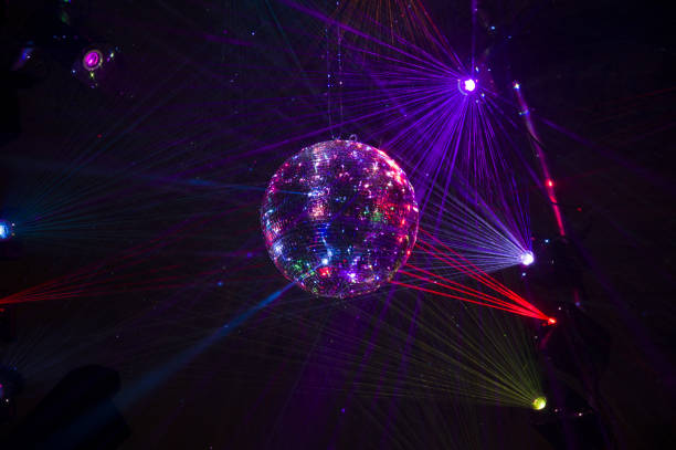istock Mirrored Disco Ball and bright beams at the night party 1368072139
