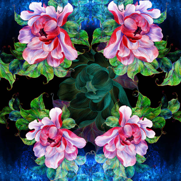 istock Seamless patterns. Pink peony flower with leaves. Collage of flowers, leaves and buds on a watercolor background. A flower stylized as a Chinese painting on a watercolor background. 1368079086
