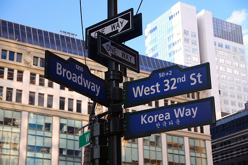 Blue West 32nd Street, Broadway and Korea Way historic sign in Midtown Manhattan in New York City