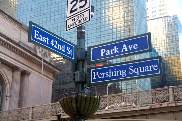 Photo of Blue East 42nd Street and Park Ave historic sign ( Pershing Square ) in midtown Manhattan
