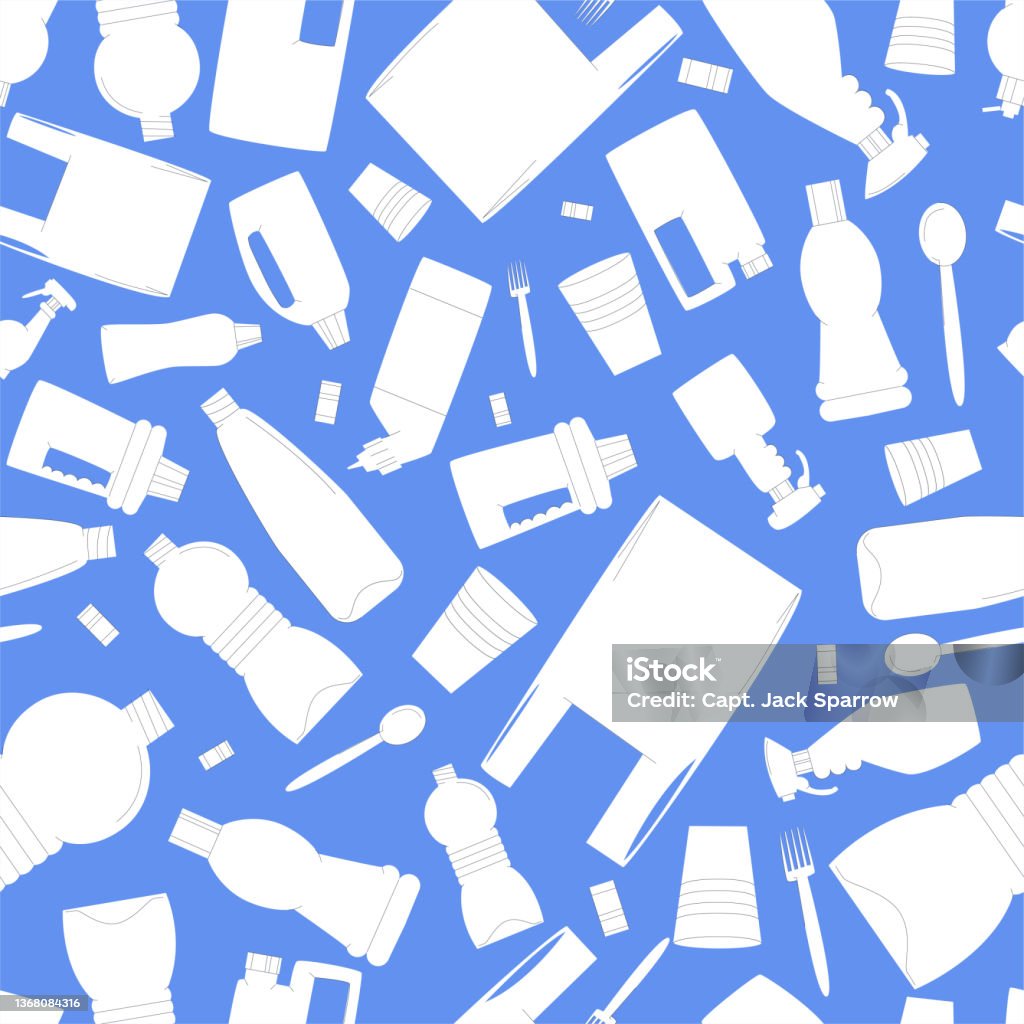 Plastic Background Vector Diverse Plastic Bottles Packages Disposable Tableware On A White ...