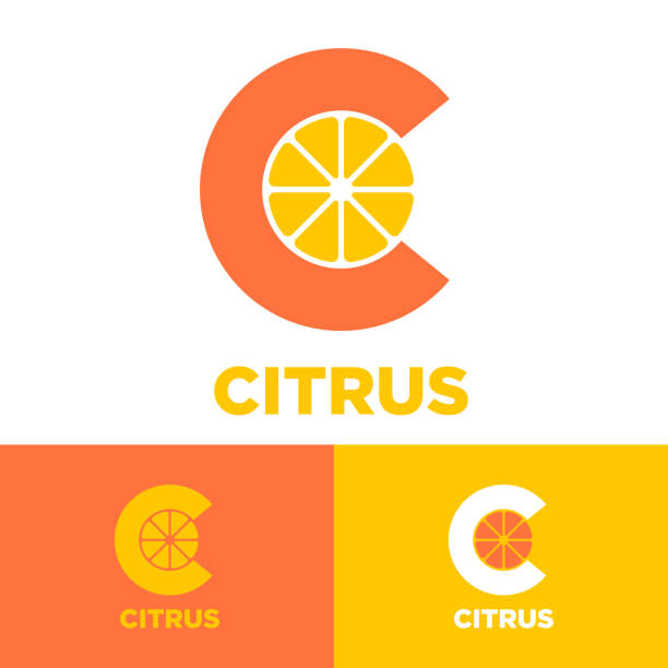 Citrus emblem. Vitamin C. Letter C monogram with slice of citrus. Identity. Icon for fresh juice, Vitamin C, label, packaging for organic products, citrus emblem. vitamin c stock illustrations