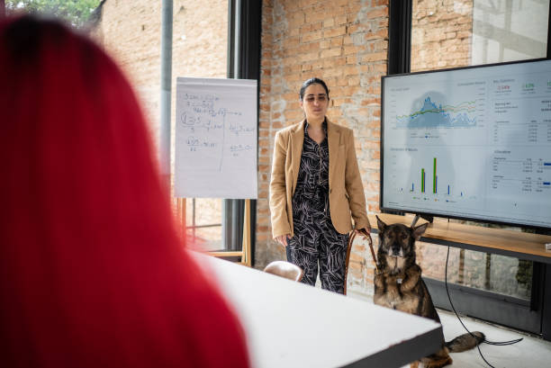 Visually impaired businesswoman doing a presentation in a business meeting with guide dog Visually impaired businesswoman doing a presentation in a business meeting with guide dog blindness stock pictures, royalty-free photos & images