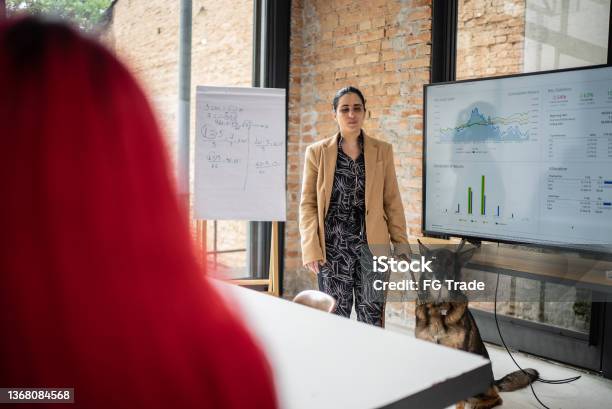 Visually Impaired Businesswoman Doing A Presentation In A Business Meeting With Guide Dog Stock Photo - Download Image Now